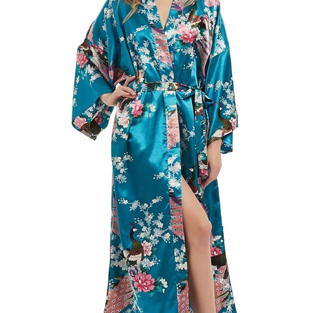Floral Satin Kimono Robe - Blue